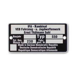 Typenschild am Rahmen SIMSON S50 älterer Typ