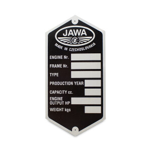 Typenschild Jawa 250/350 Kyvacka Rahmenschild – auf Englisch